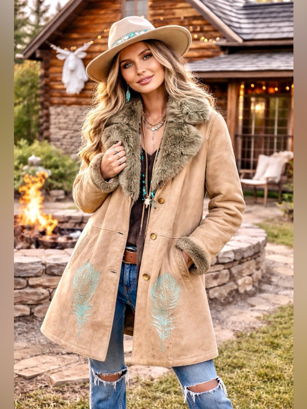 Handpainted Shearling rustic suede AQUA OMBRA leather Gypsy jacket blue feathers